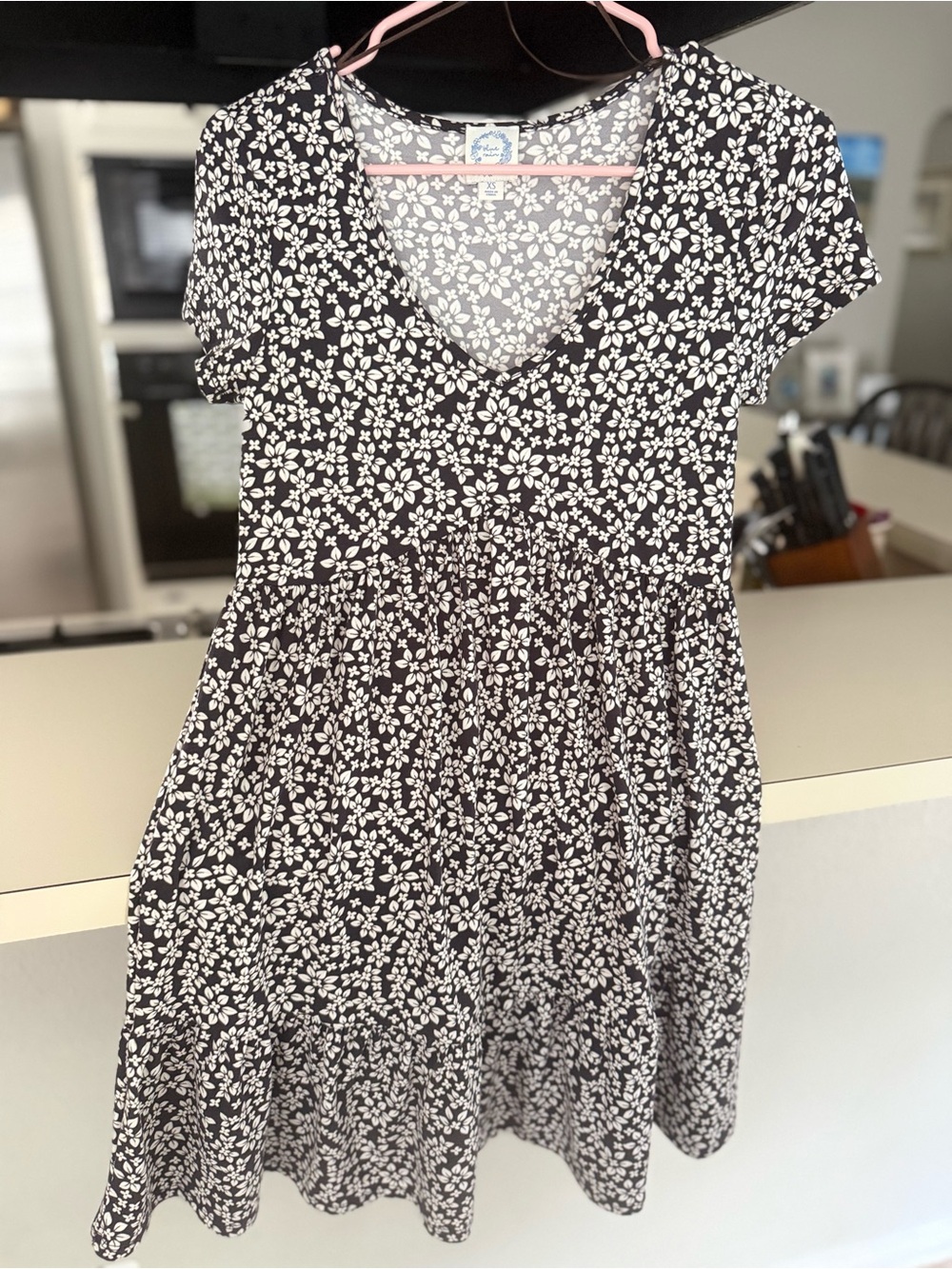 Dark Brown and White Floral V-Neck Midi Dress